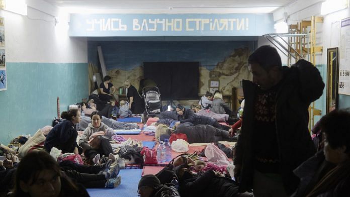 People inside a shelter in Kyiv