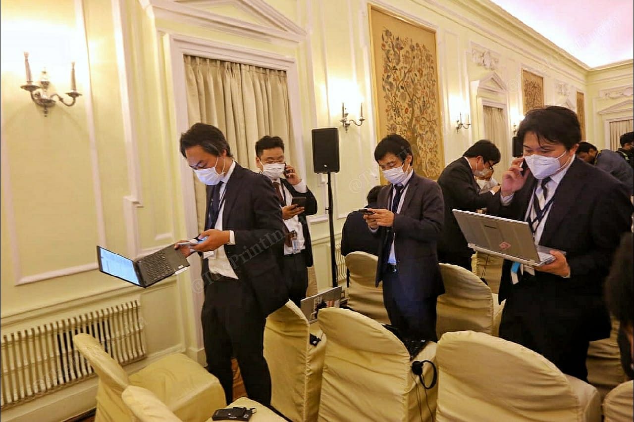 Japanese journalists file reports after the joint statement was issued | Photo: Praveen Jain | ThePrint