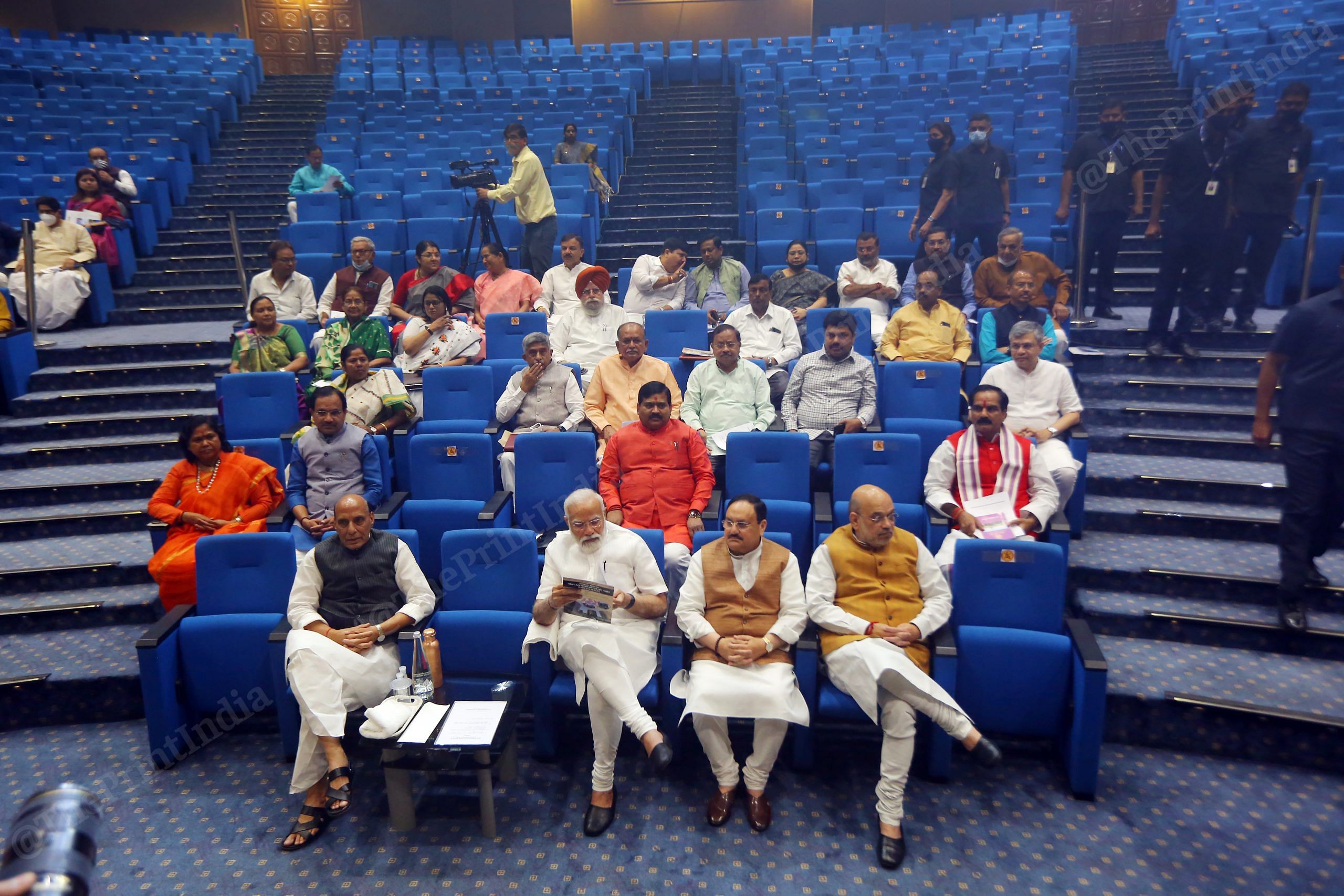 PM Narendra Modi, BJP President J.P. Nadda, Defence Minister Rajnath Singh, and Home Minister Amit Shah sitting with Party MP's during the parliamentary party meeting at Ambedkar Bhavan | Photo: Praveen Jain | ThePrint