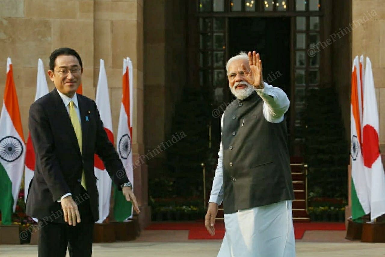 The two leaders smile and wave at the gathered media, ahead of their discussion on ways to boost economic and cultural ties between the two countries | Photo: Praveen Jain| ThePrint