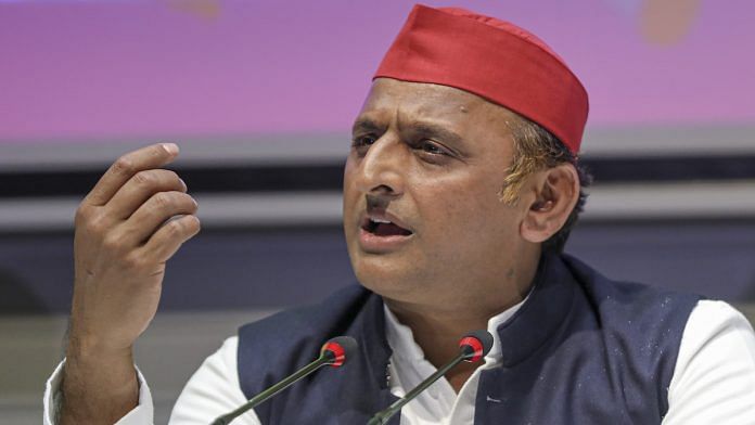 Samajwadi Party President Akhilesh Yadav addresses a press conference at party office in Lucknow, 8 March 2022 | Nand Kumar/PTI