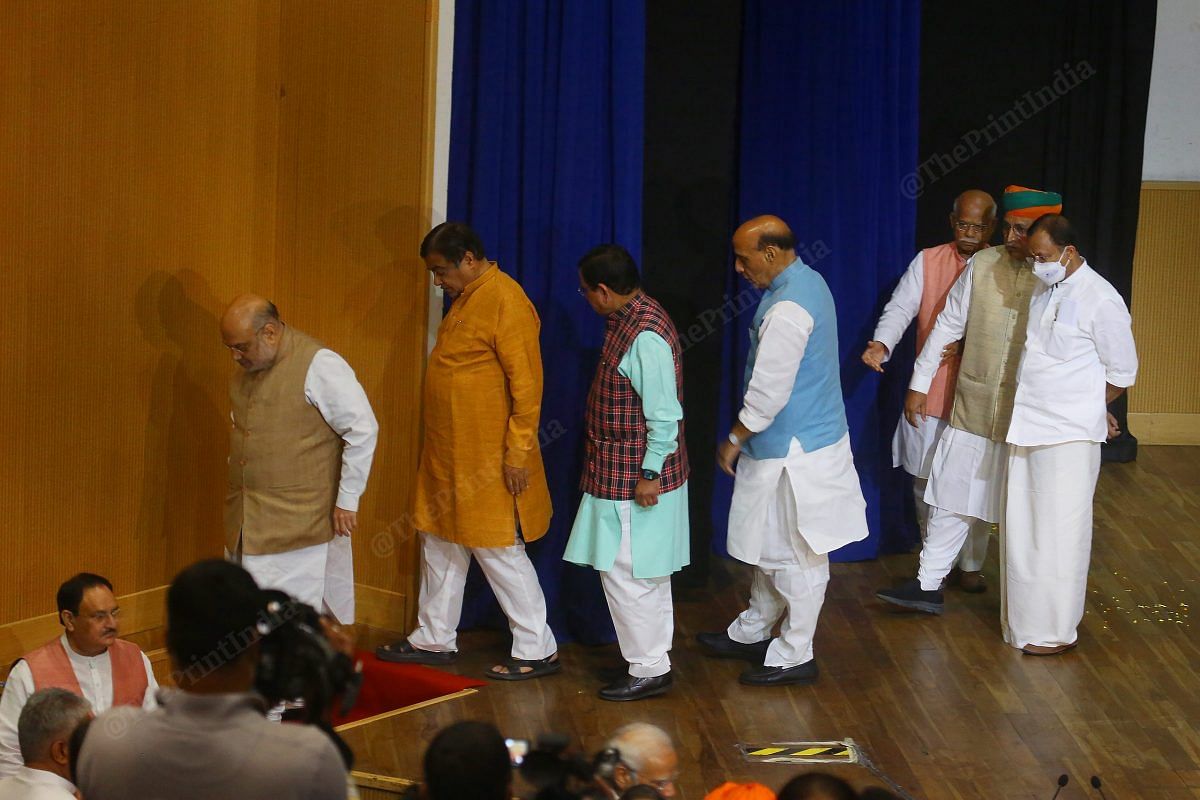 From left to right: BJP party president J.P. Nadda, Union minister Amit Shah, Nitin Gadkari, Pralhad Venkatesh Joshi, Rajnath Singh at Ambedkar Bhvan | Photo: Praveen Jain | ThePrint