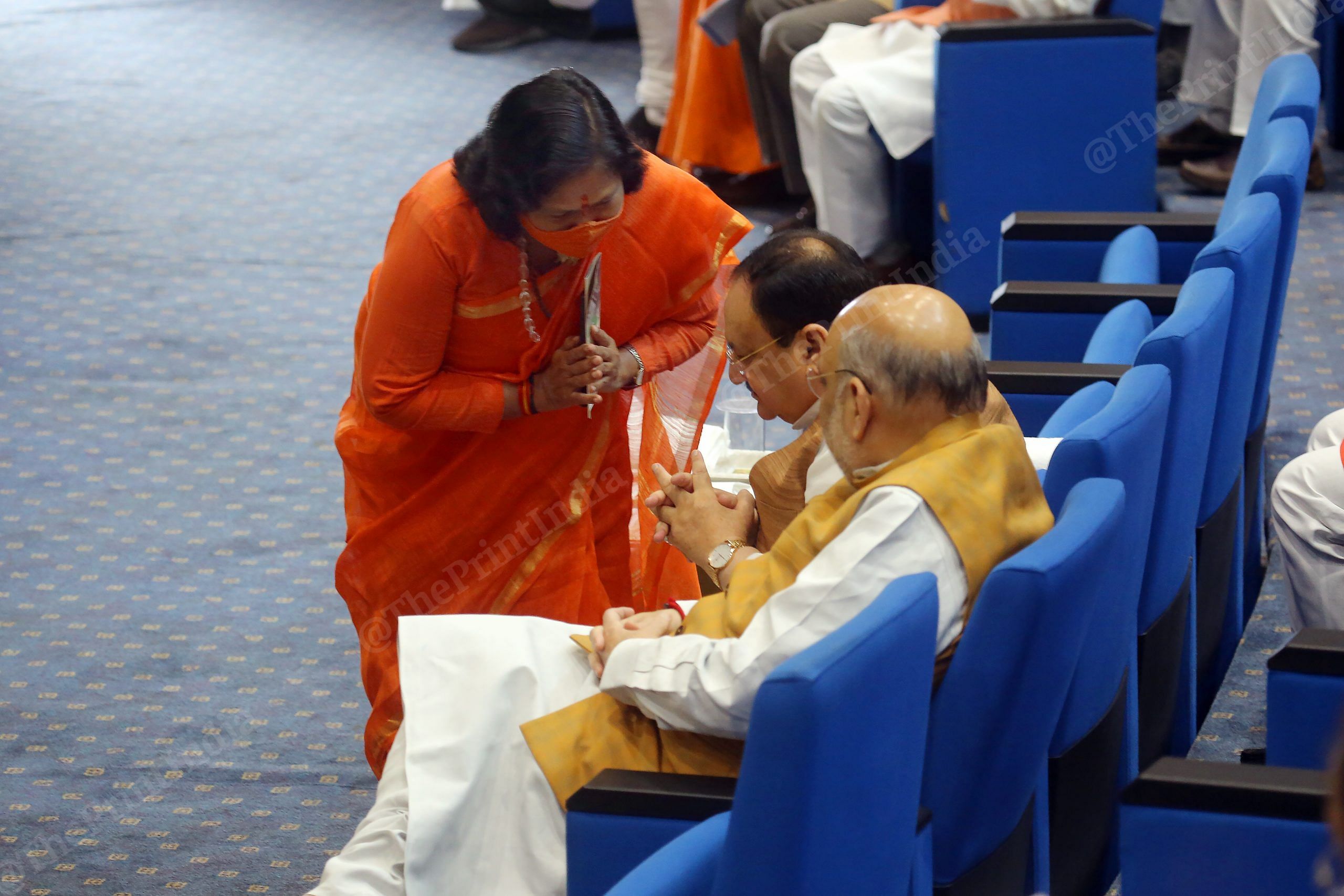 MOS Niranjan Jyoti respecting BJP President J.P. Nadda and Home Minister Amit Shah with folded hands in the meeting at Ambedkar Bhavan | Photo: Praveen Jain | ThePrint