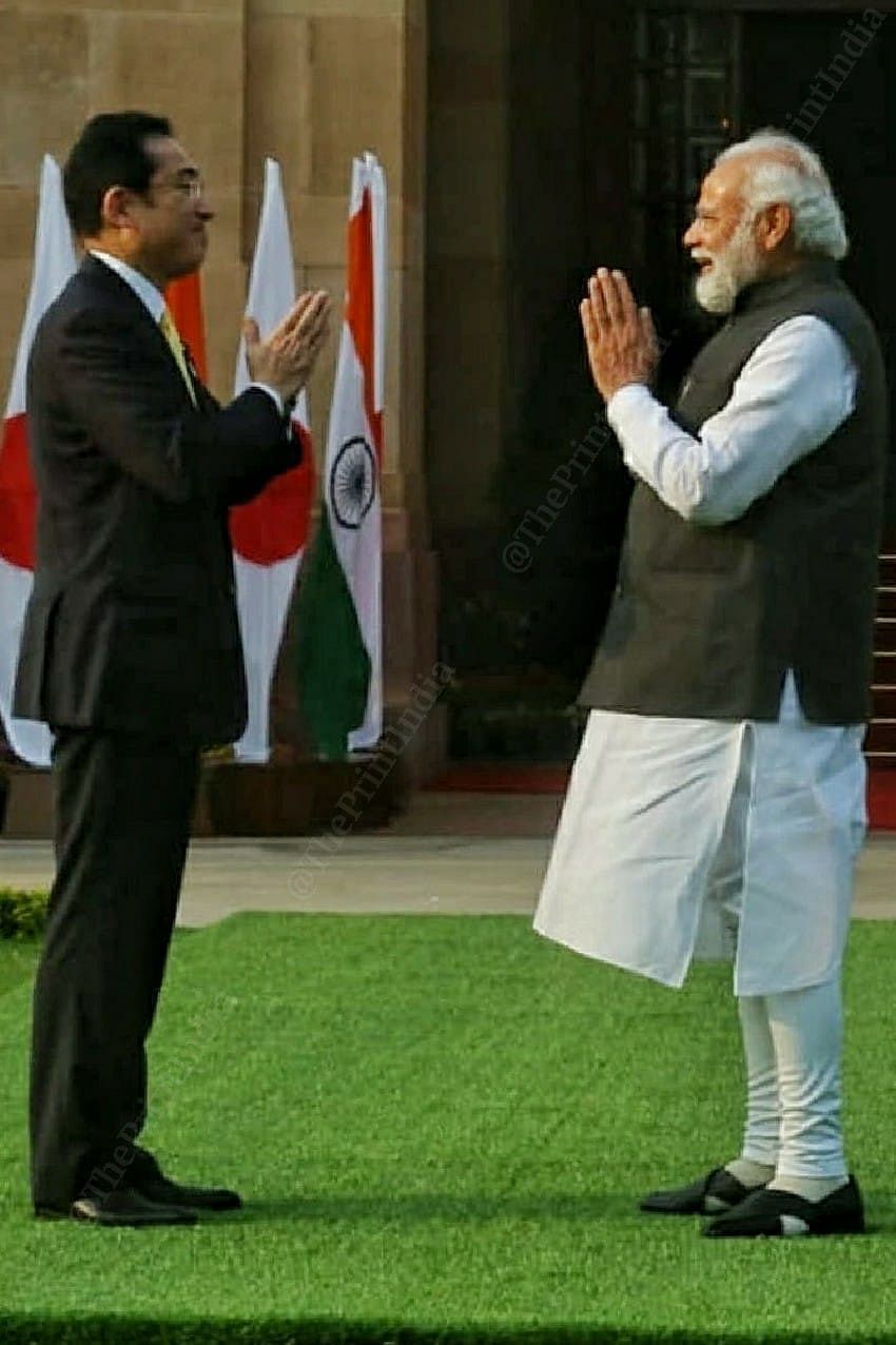 As PM Modi greets PM Kishida with a traditional namaste, the Japanese PM returns the gesture | Photo: Praveen Jain | ThePrint