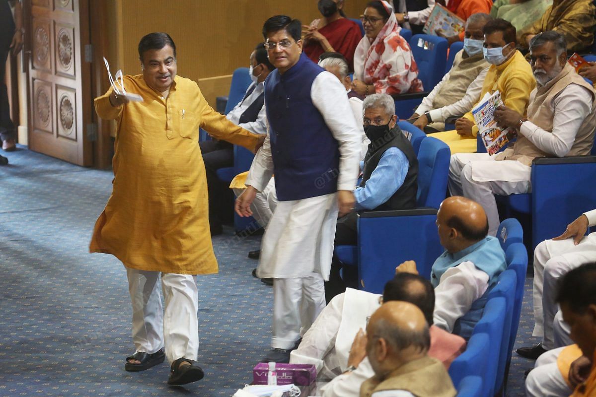 Union minister Nitin Gadkari and Piyush Goyal at the BJP Parliamentary meeting | Photo: Praveen Jain | ThePrint