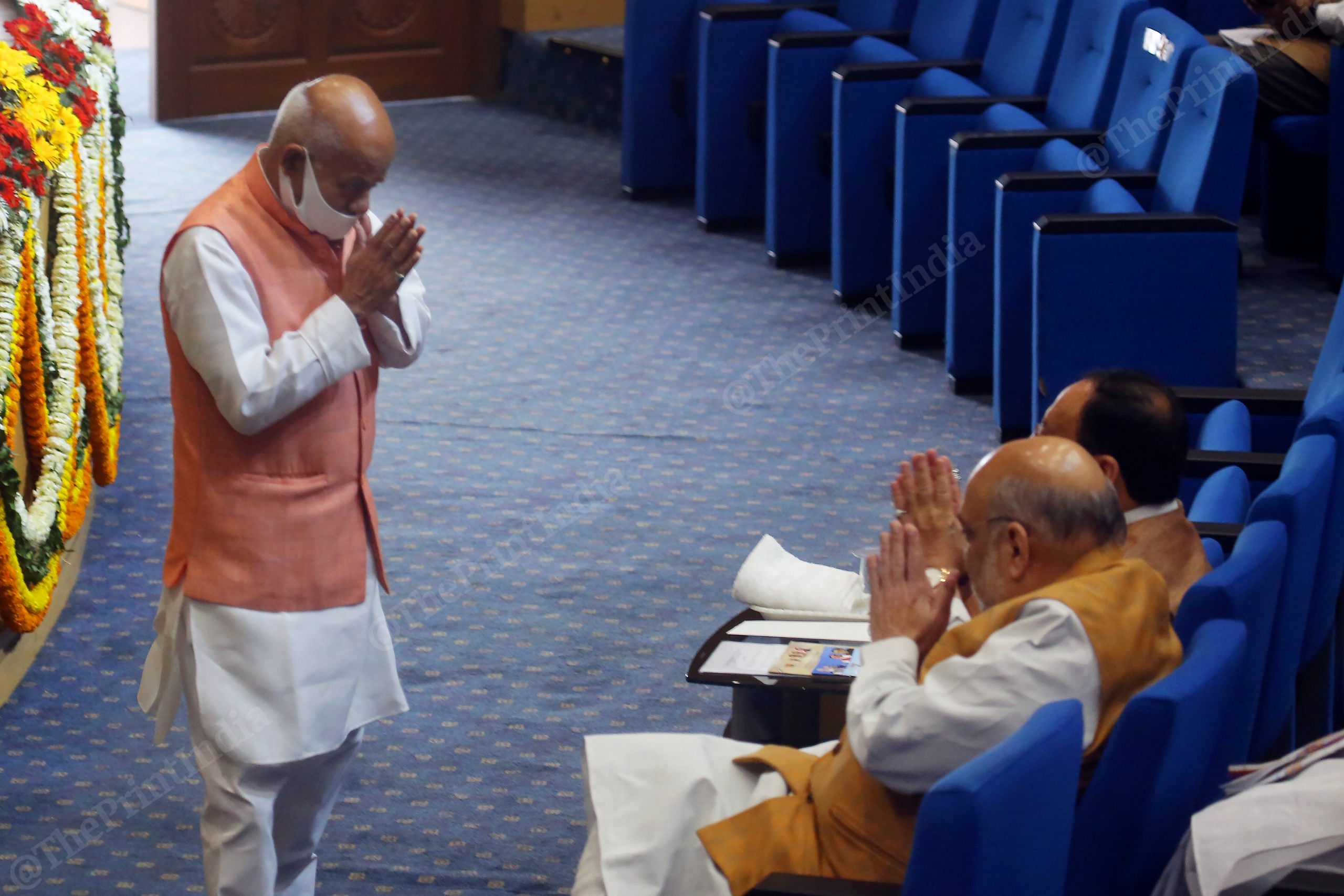 Rajya Sabha chief whip Shiv Pratap Shukla respecting BJP President J.P. Nadda and Home Minister Amit Shah with folded hands in the meeting at Ambedkar Bhavan | Photo: Praveen Jain | ThePrint