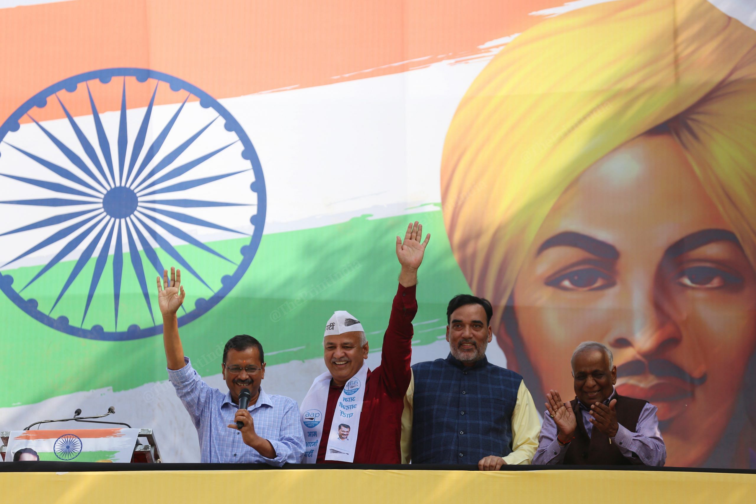 From left to right: Delhi CM Arvind Kejriwal, Deputy CM Manish Sisodia and Environmental minister Gopal Rai at the party office | Photo: Manisha Mondal | ThePrint