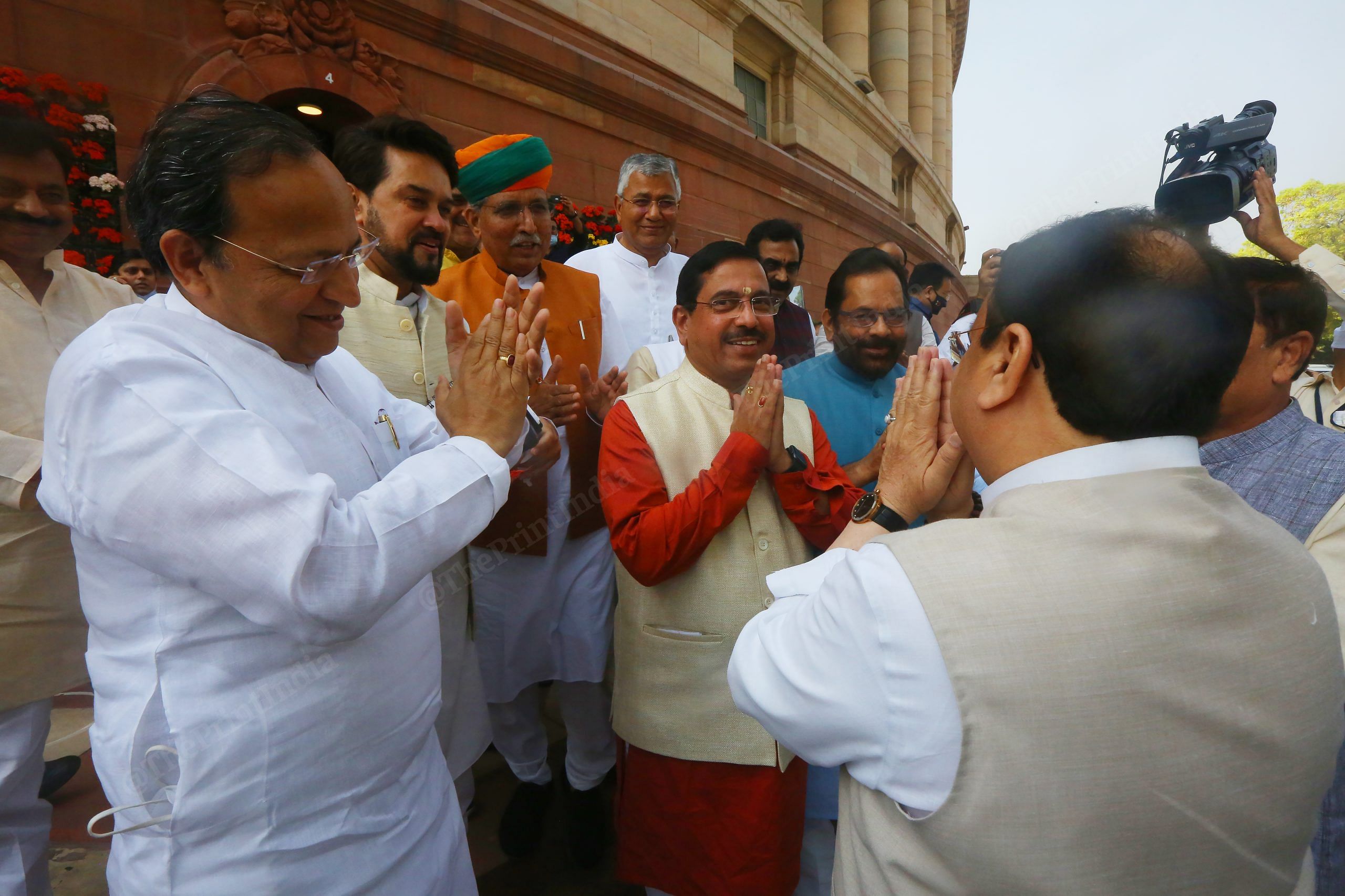 BJP president J.P. Nadda meets leaders outside Parliament | Photo: Praveen Jain | ThePrint