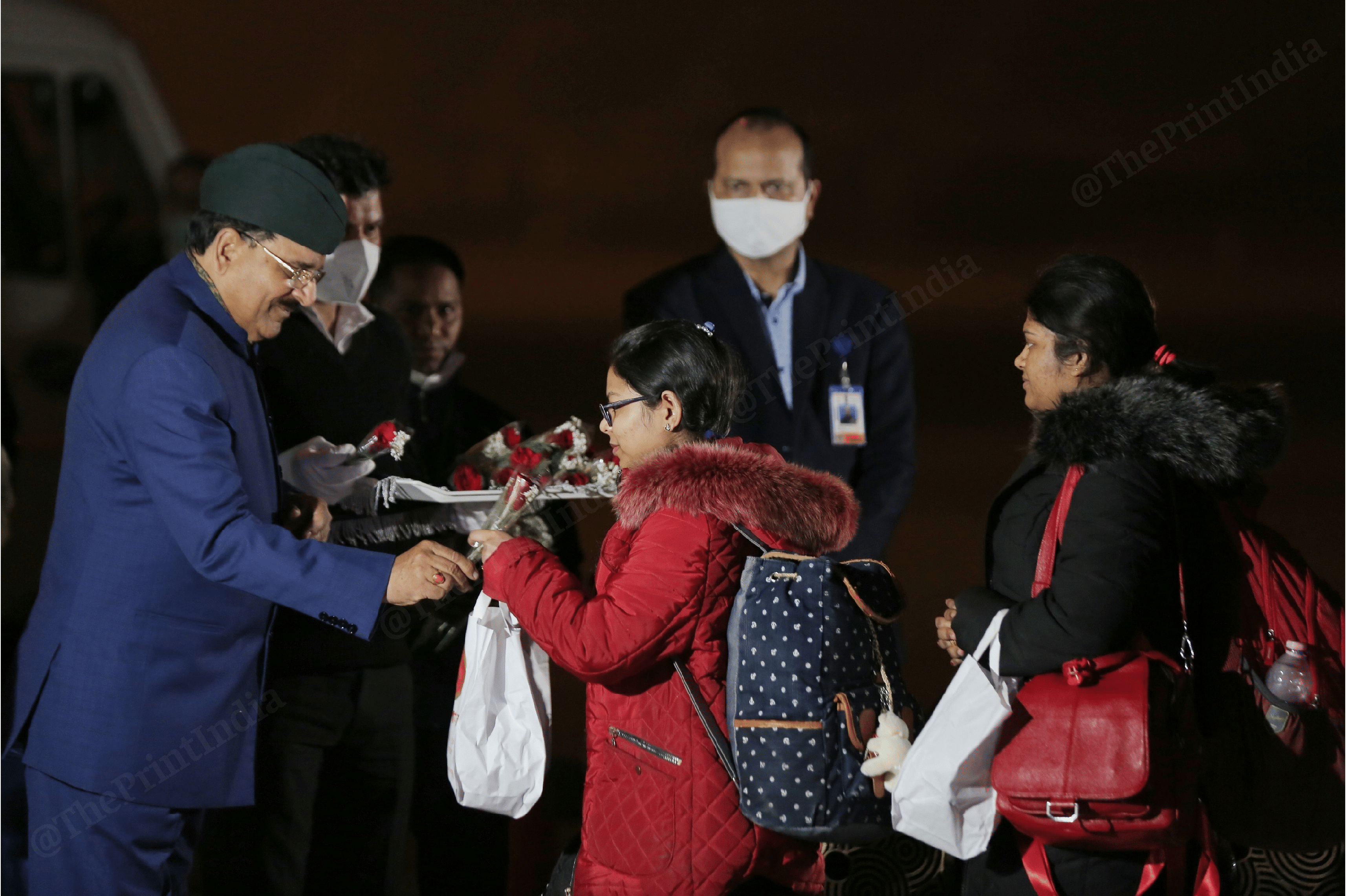 Indian students, evacuated from Ukraine, received by MOS Ajay Bhatt on their arrival at the Hindon Airbase in Ghaziabad | Photo: Suraj Singh Bisht | ThePrint