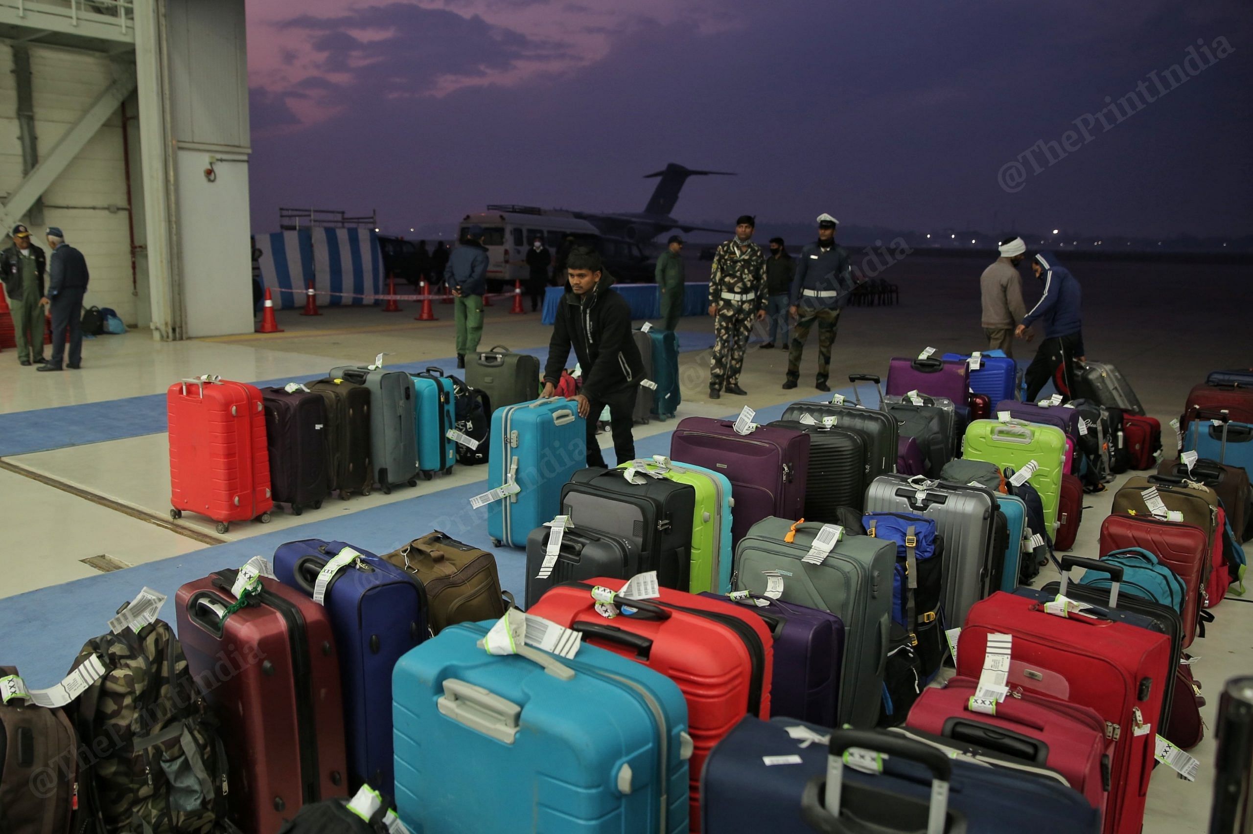 Luggage of the Stranded students arriving from Poland at the Hindon airbase in Ghaziabad | Photo: Suraj Singh Bisht | ThePrint