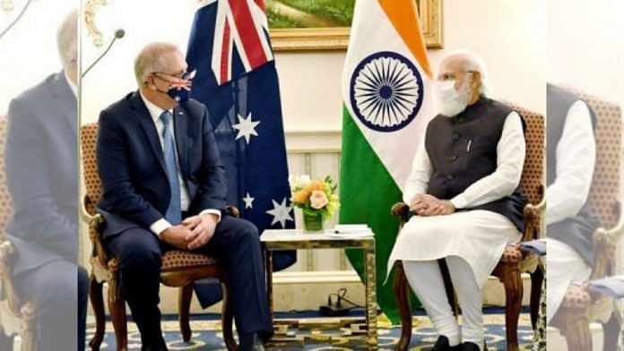 File image of Australian PM Scott Morrison (left) with PM Narendra Modi at second India-Australia summit held on 21 March 2021 | ANI