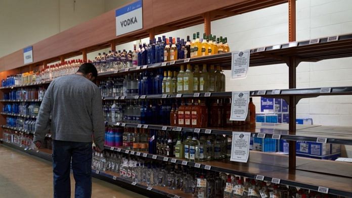 Empty shelves, formerly held for Russian-owned brand vodkas, following New Hampshire Governor's ban on selling Russian liquor, on 1 March 2022 | Representational image | Bloomberg