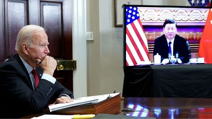 US President Joe Biden speaks with Chinese President Xi Jinping during a virtual summit on 15 November 2021 | File photo | Mandel Ngan/AFP/Getty Images via Bloomberg
