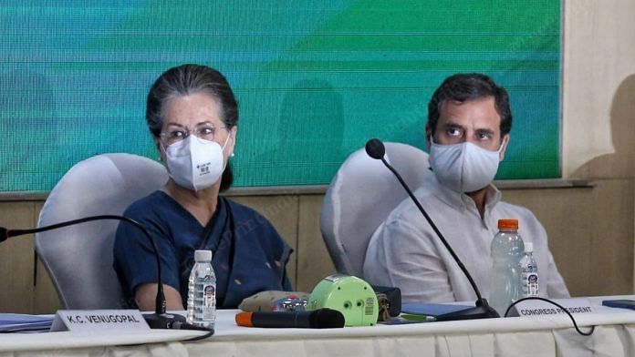 Congress interim president Sonia Gandhi and Rahul Gandhi during the CWC meeting at the AICC headquarters in New Delhi, on 13 March 2022 | Manisha Mondal | ThePrint