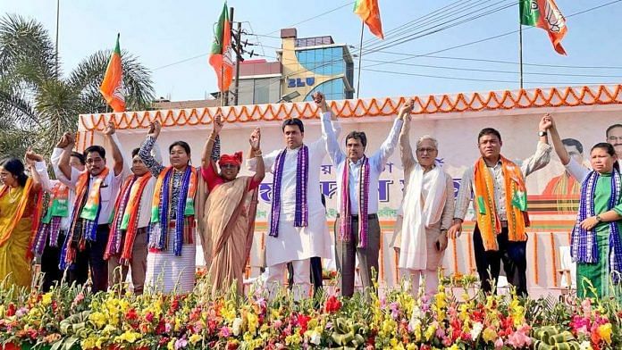 Tripura CM Biplab Deb with other BJP leaders at the merger of Tripura People's Front last week | Photo: Twitter | @BJPBiplab