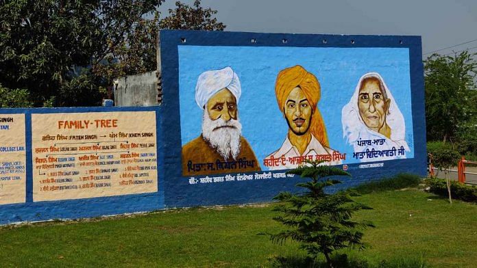 A mural depicting Bhagat Singh and his parents in Khatkar Kalan, Shaheed Bhagat Singh district, Punjab | Photo: Reeti Agarwal | ThePrint