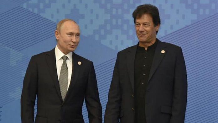 with Russian President Vladimir Putin at 19th Meeting of the Council of the Heads of SCO in Bishkek Kyrgyzstan, 2019 | Twitter/@PTIofficial