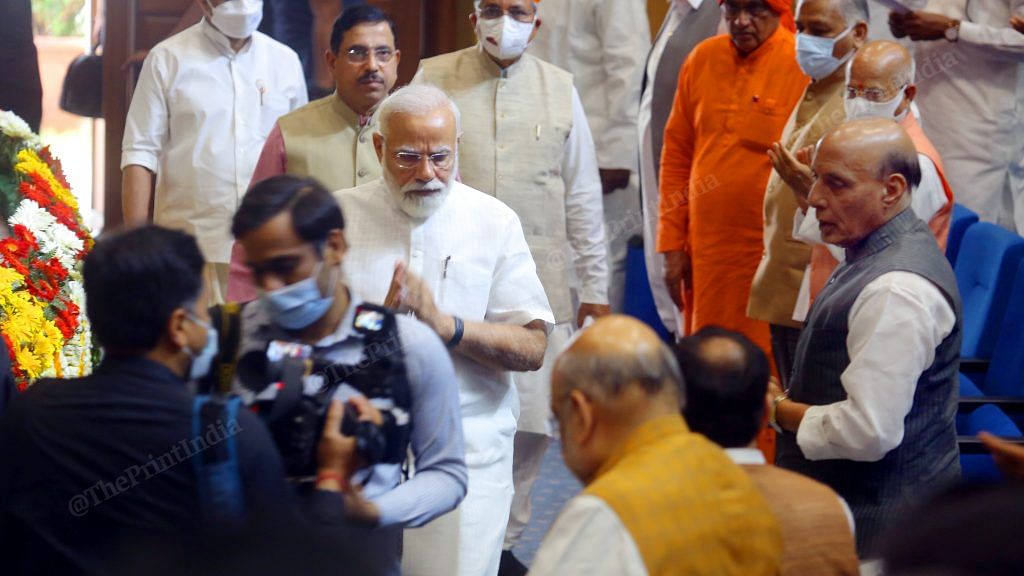 Prime Minister Narendra Modi arrives for the meeting at Ambedkar Bhavan in New Delhi Tuesday | Praveen Jain | ThePrint