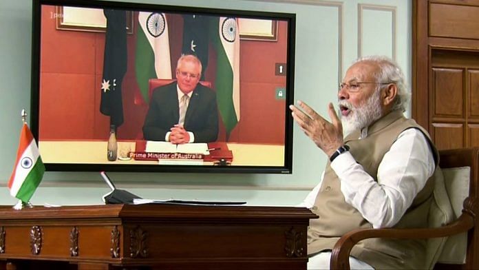 Prime Minister Narendra Modi speaks to Australian PM Scott Morrison at the first India-Australia virtual summit in June 2020. | ANI