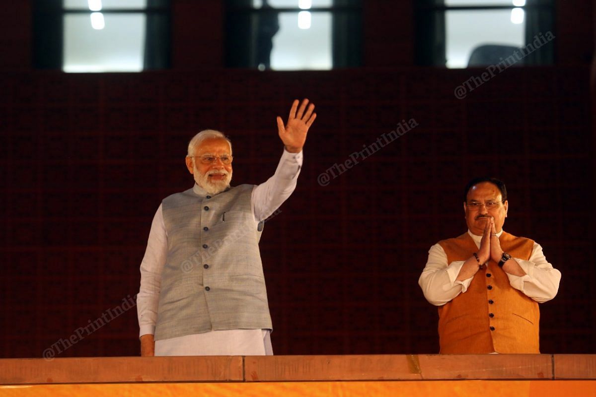 PM Modi with BJP President J.P. Nadda at the party headquarters | Photo: Praveen Jain | ThePrint