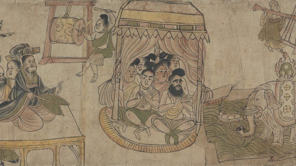 Chinese courtiers witness a magical contest between Indian monks, a painting from the 9th-10th centuries | National Library of France | Wikimedia Commons