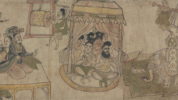 Chinese courtiers witness a magical contest between Indian monks, a painting from the 9th-10th centuries | National Library of France | Wikimedia Commons