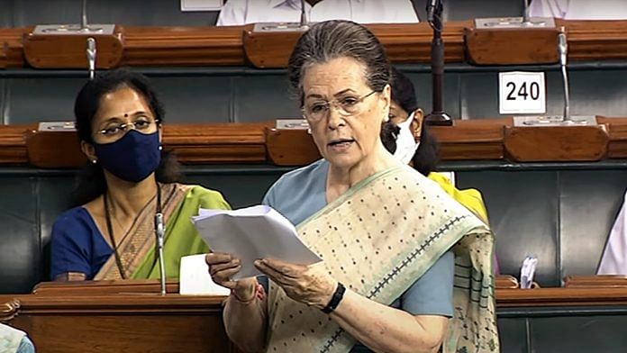 Congress interim president and MP Sonia Gandhi speaks in Lok Sabha in New Delhi Wednesday | ANI/Sansad TV