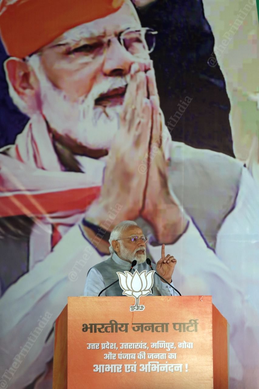 PM Modi addresses party workers after the BJP records a sweeping victory in assembly elections in four states  | Photo: Suraj Singh Bisht | ThePrint