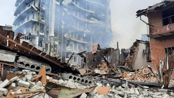 Buildings damaged after attack by Russian forces in Ukraine
