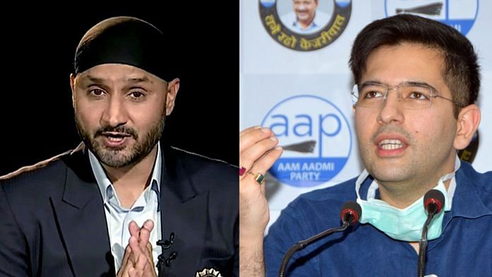 Former cricketer Harbhajan Singh (L) and AAP leader Raghav Chadha
