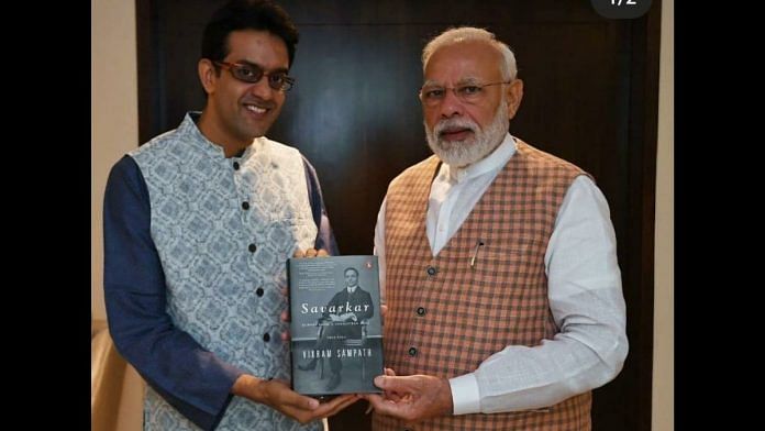 Vikram Sampath presenting his biography of Savarkar to Prime Minister Narendra Modi. | Photo Credit: @vikramsampath