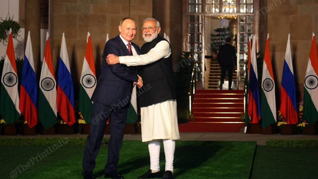 Prime Minister Narendra Modi greets Russian President Vladimir Putin before a meeting at Hyderabad House on 6 December 2021 | Representational image| Photo: Praveen Jain | ThePrint