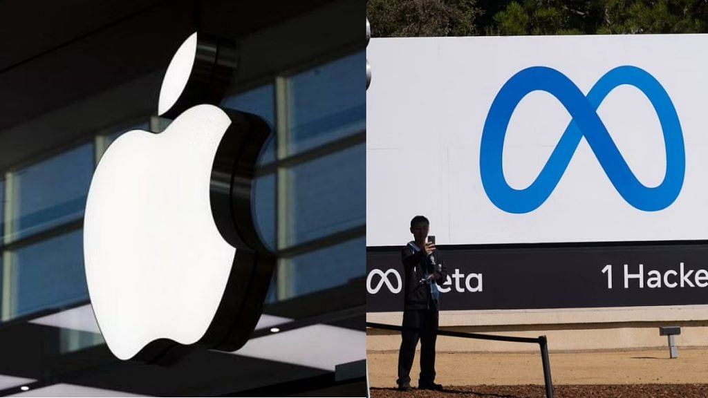 An Apple inc. logo is displayed at their store in Toronto(L) and a visitor takes photographs in front of signage at Meta Platforms in California| Bloomberg