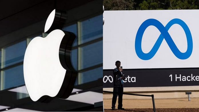An Apple inc. logo is displayed at their store in Toronto(L) and a visitor takes photographs in front of signage at Meta Platforms in California| Bloomberg