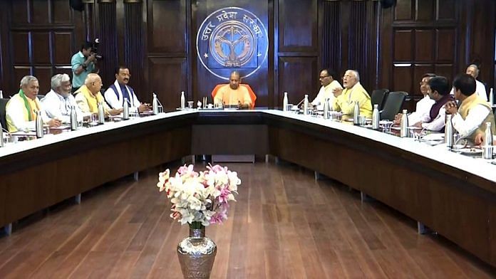 Uttar Pradesh Chief Minister Yogi Adityanath holds the first meeting of the council of ministers in Lucknow, on 25 March 2022 | ANI