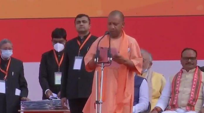 Yogi Adityanath takes oath as the chief minister of Uttar Pradesh for the second time on 25 March 2022 | Photo: Twitter/@ANI