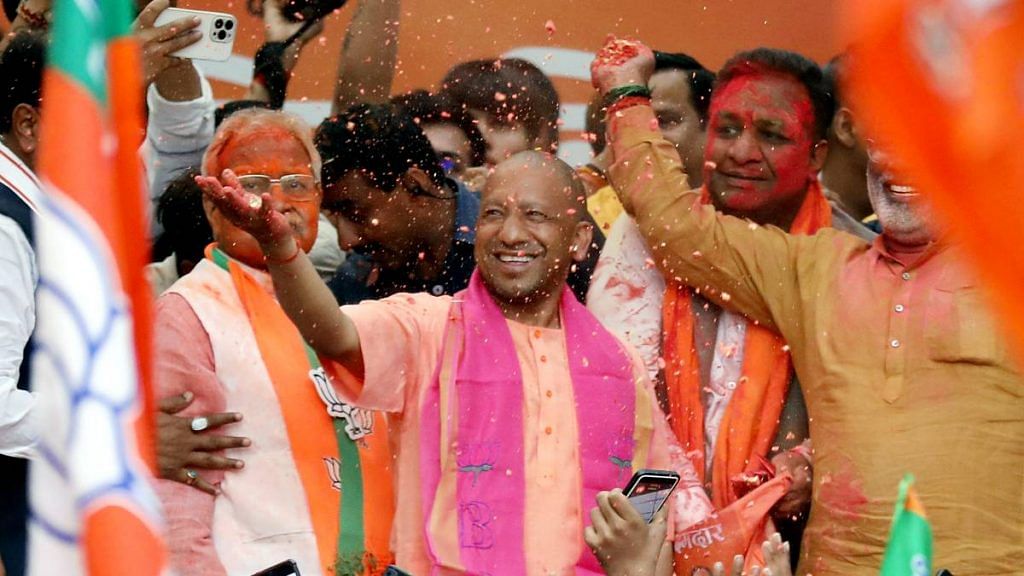 Yogi Adityanath celebrates the BJP's UP election win at the party office | ANI