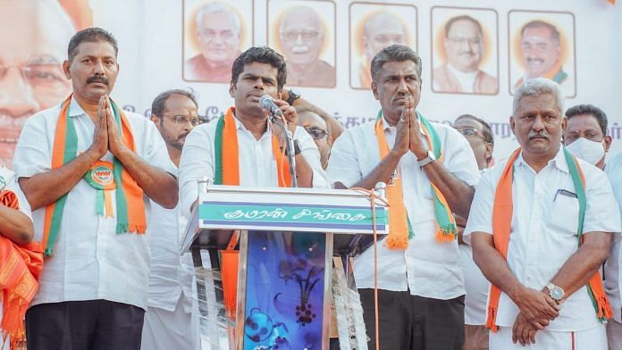 BJP leaders, including state party chief K. Annamalai (centre) campaigning for the 2022 local body polls in Tamil Nadu | Photo: Twitter/ @annamalai_k