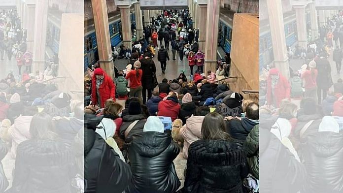 File photo of people, including Indian students, seeking shelter at an underground train station in Ukraine | By special arrangement