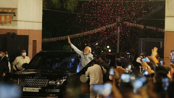 PM Modi at BJP headquarters | Photo: Suraj Singh Bisht | ThePrint