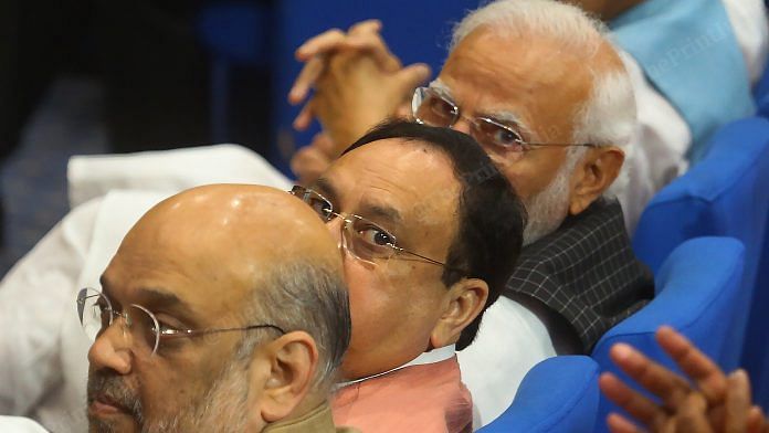 Right to left: PM Narendra Modi, BJP President J.P. Nadda and Home Minister Amit Shah at the BJP parliamentary meet | Photo: Praveen Jain | ThePrint