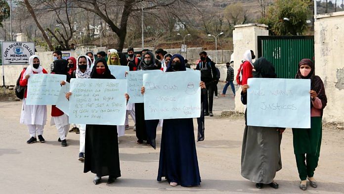File photo of a protest against the hijab ban, about which several right-wing publications have commented. | ANI