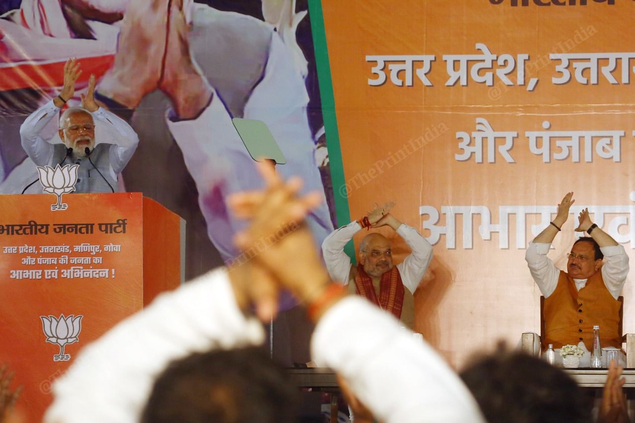 PM Modi, Home Minister Amit Shah and BJP President J.P. Nadda at the party office | Photo: Praveen Jain | ThePrint