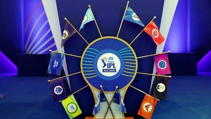 Flags representing all the teams displayed at the bidding podium during the Indian Premier League (IPL) 2022 Auction, in Bengaluru on 12 April. | Photo: ANI