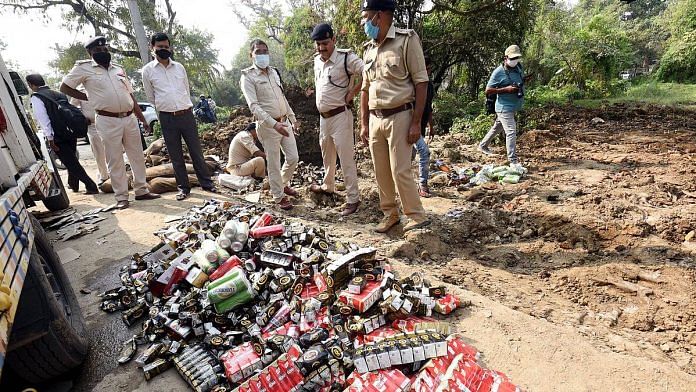 File photo of liquor bottles being seized in Bihar | ANI