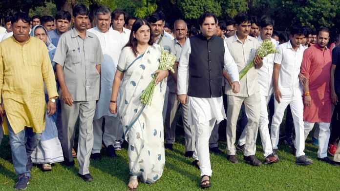 File photo of senior BJP leader Maneka Gandhi and her son and MP Varun Gandhi in New Delhi | ANI