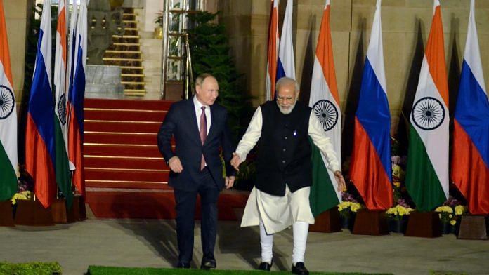 File photo of Prime Minister Narendra Modi with Russian President Vladimir Putin in New Delhi in December 2021 | ANI