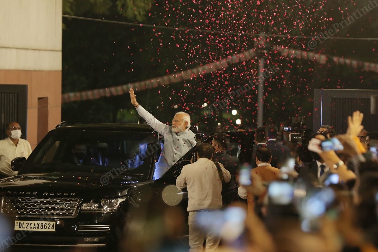 PM Modi arrives at the BJP headquarters Thursday | Photo: Suraj Singh Bisht | ThePrint