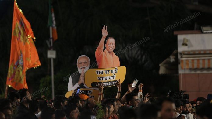 Celebrations at BJP headquarters as the party swept elections in the four states of UP, Uttarakhand, Goa and Manipur Thursday | Photo: Suraj Singh Bisht | ThePrint