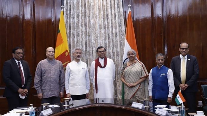 Sri Lankan Finance Minister Basil Rajapaksa during a meeting with Foreign Minister S. Jaishankar and Finance Minister Nirmala Sitharaman, on 17 March 2022. | Photo: Twitter/@@DrSJaishankar